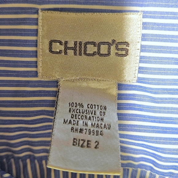 Chico's Blue White Stripe Button Front Shirt 2 / L Cotton Piping Coastal Preppy - Picture 8 of 13